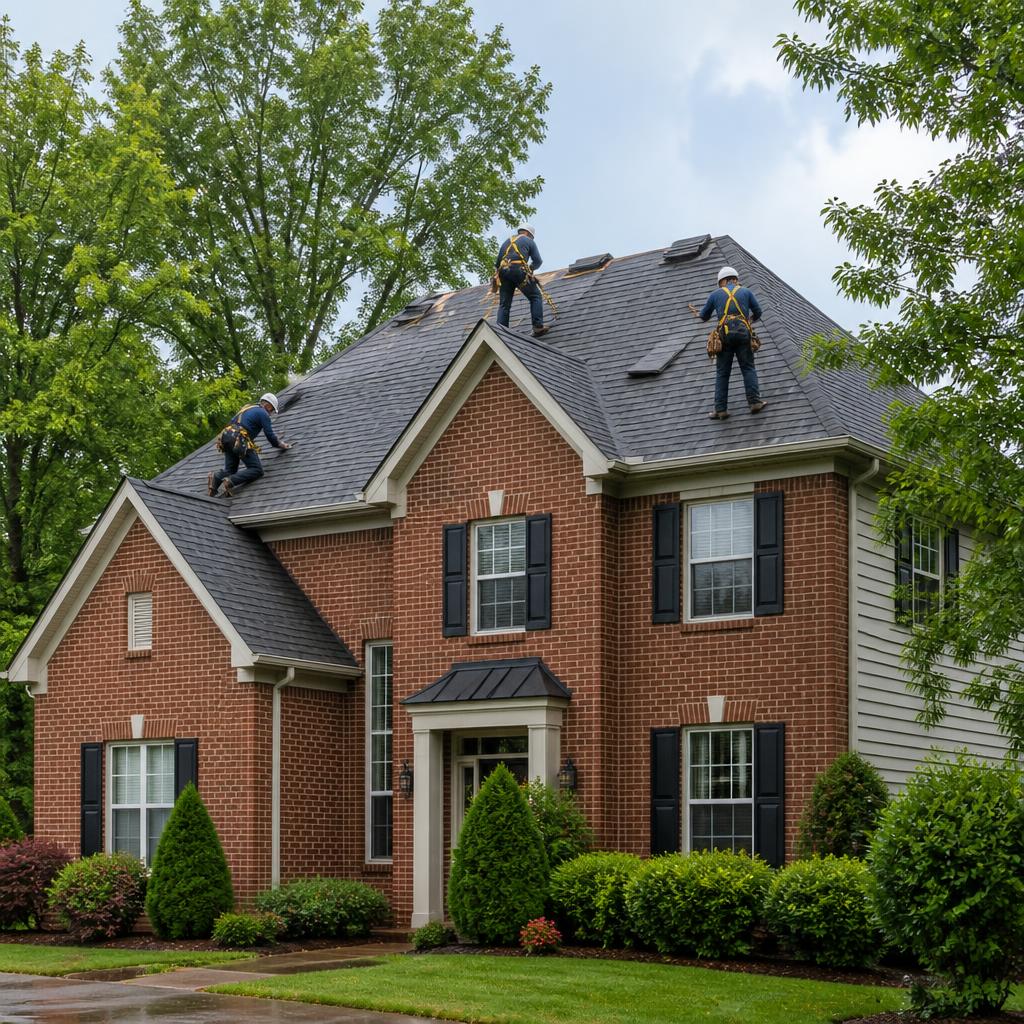Three roofers installing asphalt shingles on a two-story brick home in a leafy Tennessee neighborhood